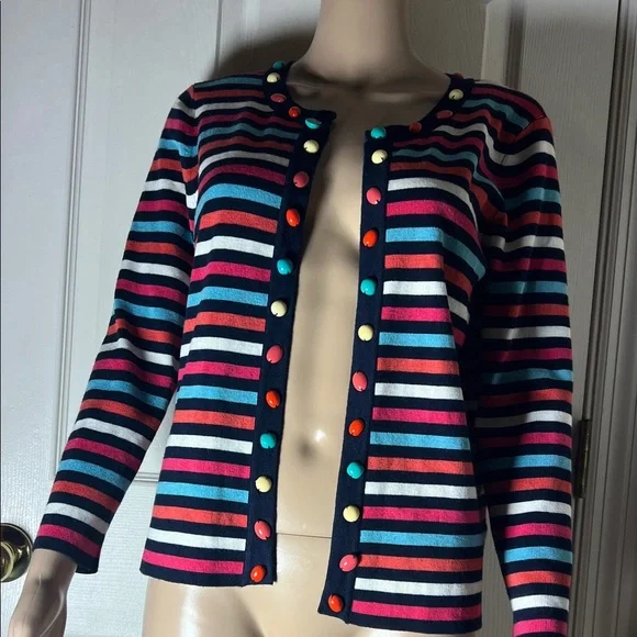 Ruby Rd. Navy Multi-Color Striped Cardigan - Picture 2 of 9